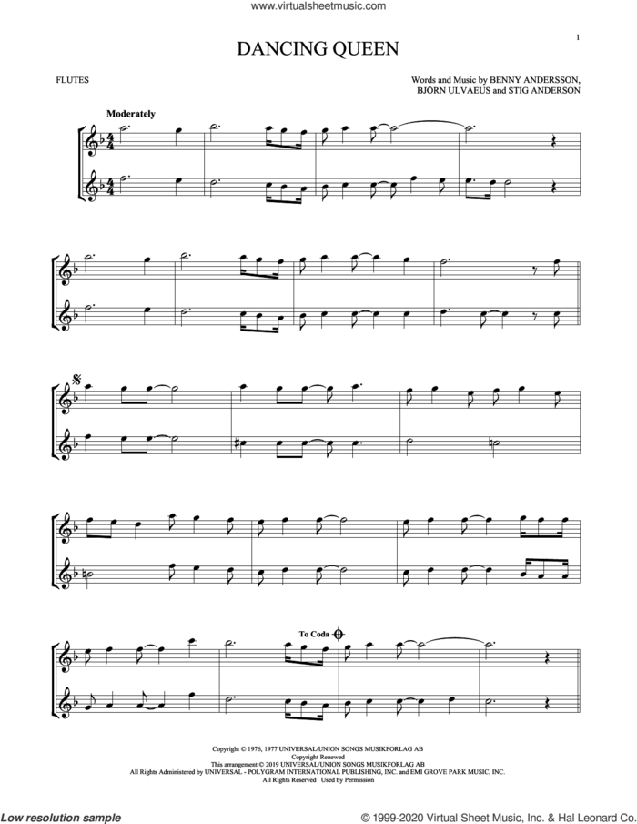 Dancing Queen sheet music for two flutes (duets) by ABBA, Benny Andersson, Bjorn Ulvaeus and Stig Anderson, intermediate skill level