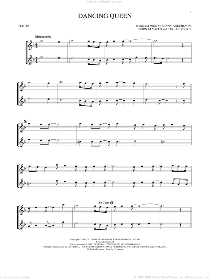 Dancing Queen sheet music for two flutes (duets) by ABBA, Benny Andersson, Bjorn Ulvaeus and Stig Anderson, intermediate skill level