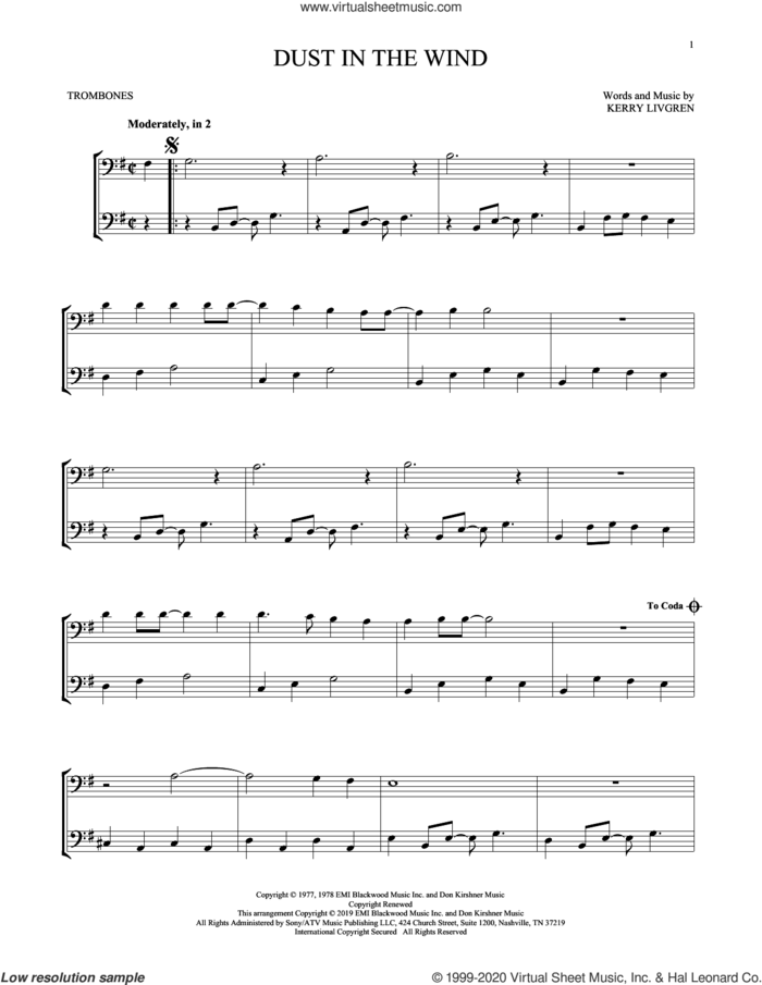 Dust In The Wind sheet music for two trombones (duet, duets) by Kansas and Kerry Livgren, intermediate skill level