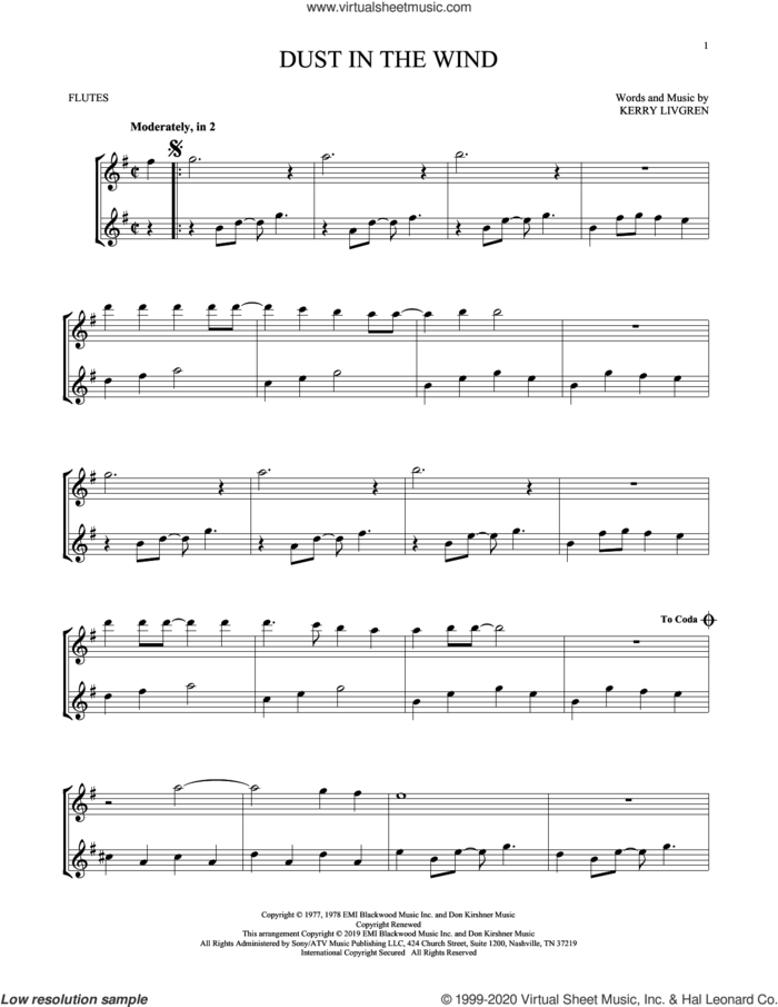 Dust In The Wind sheet music for two flutes (duets) by Kansas and Kerry Livgren, intermediate skill level