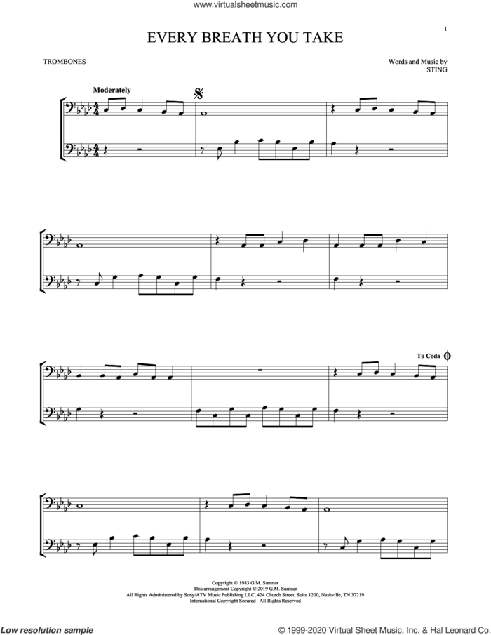 Every Breath You Take sheet music for two trombones (duet, duets) by The Police and Sting, intermediate skill level