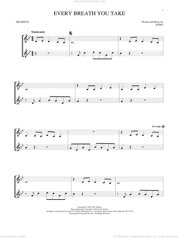 Every Breath You Take sheet music for two trumpets (duet, duets) by The Police and Sting, intermediate skill level