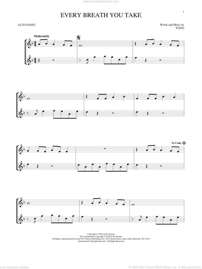 Every Breath You Take sheet music for two alto saxophones (duets) by The Police and Sting, intermediate skill level