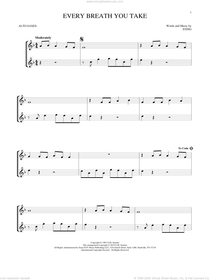 Every Breath You Take sheet music for two alto saxophones (duets) by The Police and Sting, intermediate skill level