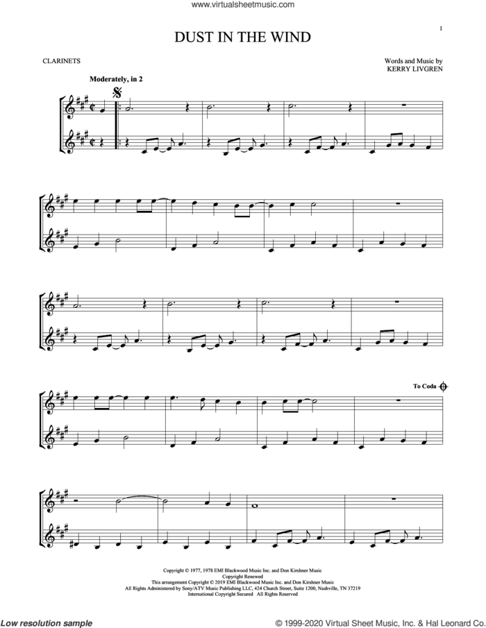 Dust In The Wind sheet music for two clarinets (duets) by Kansas and Kerry Livgren, intermediate skill level