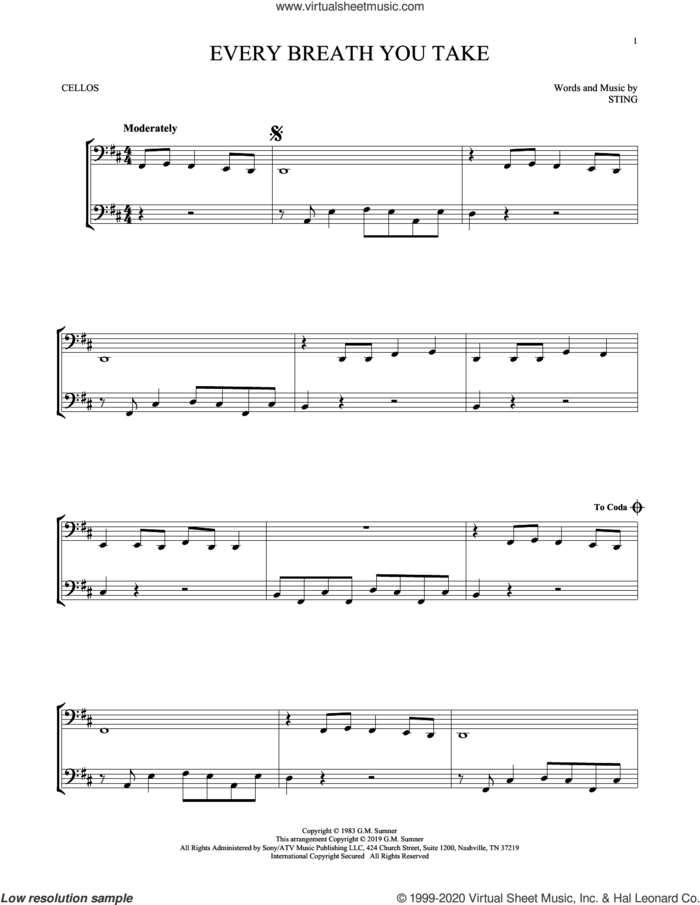 Every Breath You Take sheet music for two cellos (duet, duets) by The Police and Sting, intermediate skill level