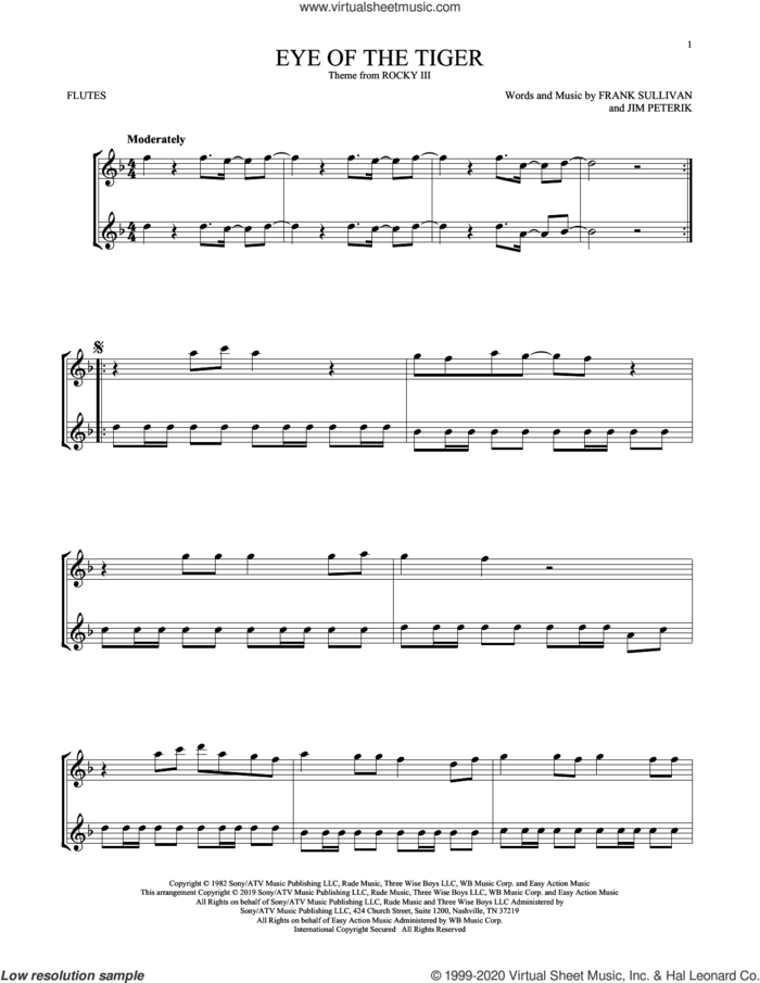 Eye Of The Tiger sheet music for two flutes (duets) by Survivor, Frank Sullivan and Jim Peterik, intermediate skill level