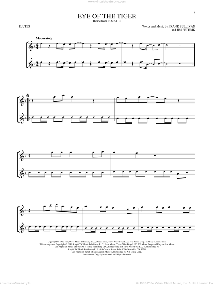 Eye Of The Tiger sheet music for two flutes (duets) by Survivor, Frank Sullivan and Jim Peterik, intermediate skill level