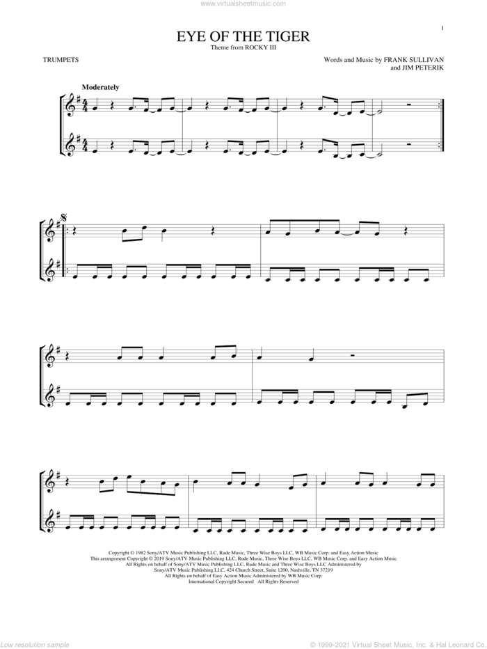 Eye Of The Tiger sheet music for two trumpets (duet, duets) by Survivor, Frank Sullivan and Jim Peterik, intermediate skill level