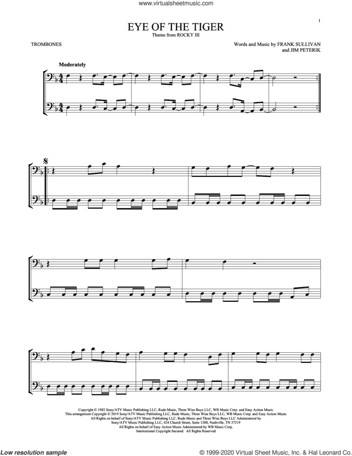Eye Of The Tiger sheet music for two trombones (duet, duets) by Survivor, Frank Sullivan and Jim Peterik, intermediate skill level