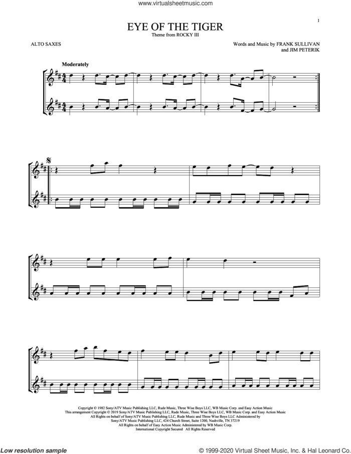 Eye Of The Tiger sheet music for two alto saxophones (duets) by Survivor, Frank Sullivan and Jim Peterik, intermediate skill level