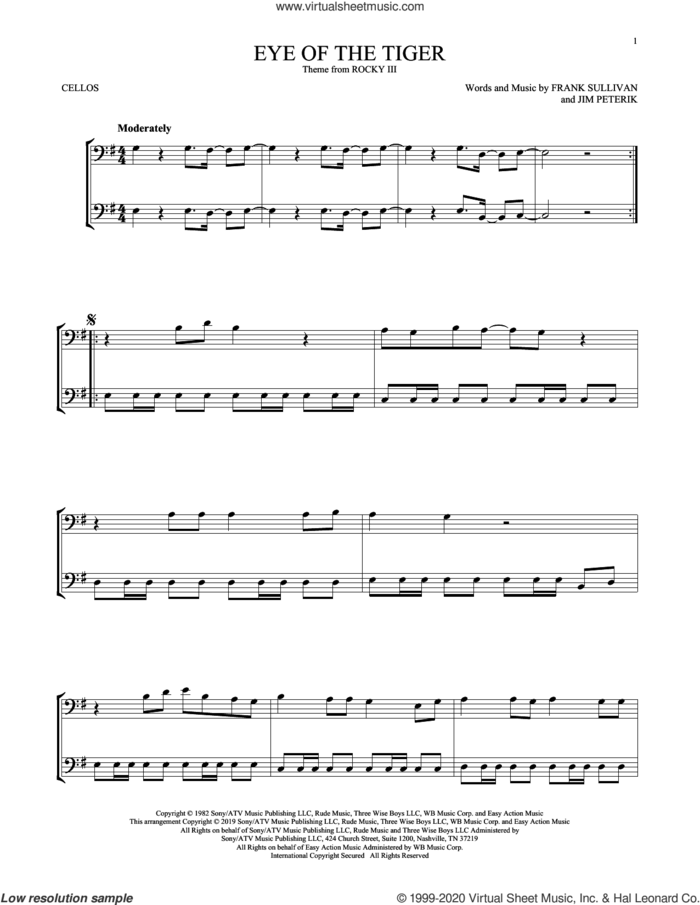 Eye Of The Tiger sheet music for two cellos (duet, duets) by Survivor, Frank Sullivan and Jim Peterik, intermediate skill level