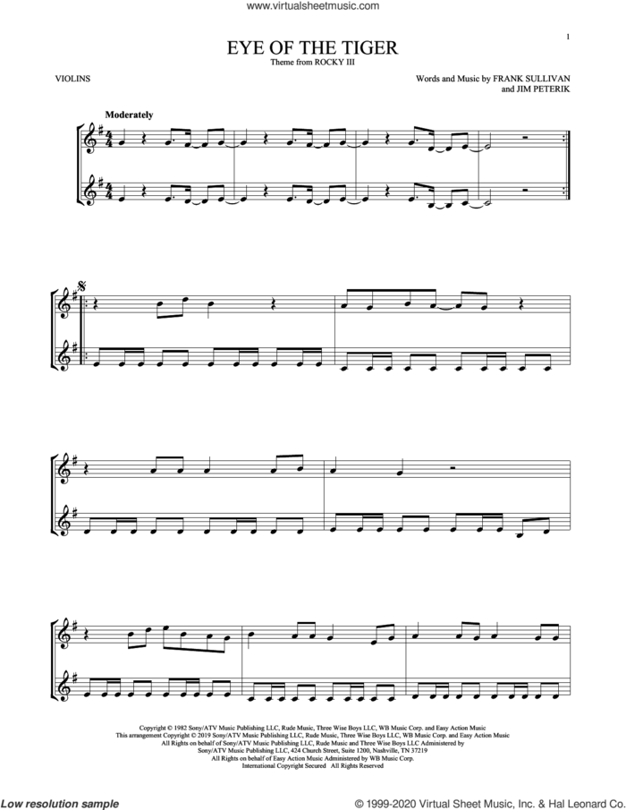 Eye Of The Tiger sheet music for two violins (duets, violin duets) by Survivor, Frank Sullivan and Jim Peterik, intermediate skill level