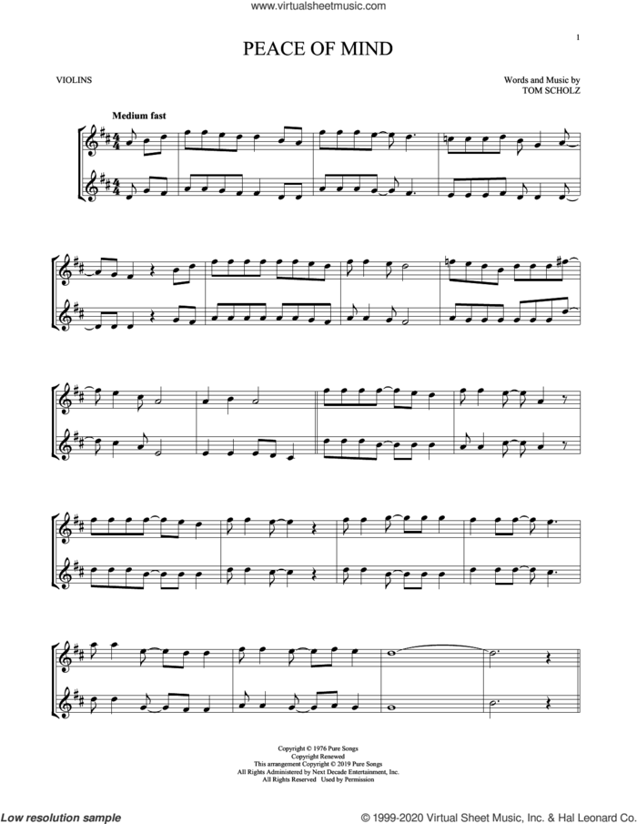Peace Of Mind sheet music for two violins (duets, violin duets) by Boston and Tom Scholz, intermediate skill level