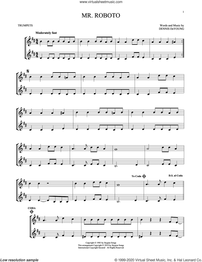 Mr. Roboto sheet music for two trumpets (duet, duets) by Styx and Dennis DeYoung, intermediate skill level