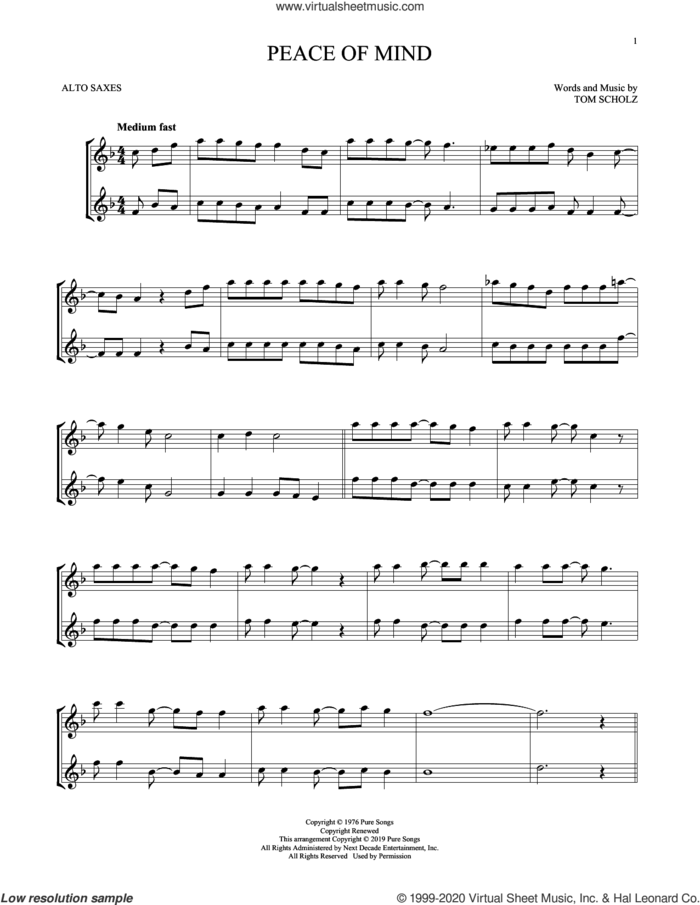 Peace Of Mind sheet music for two alto saxophones (duets) by Boston and Tom Scholz, intermediate skill level