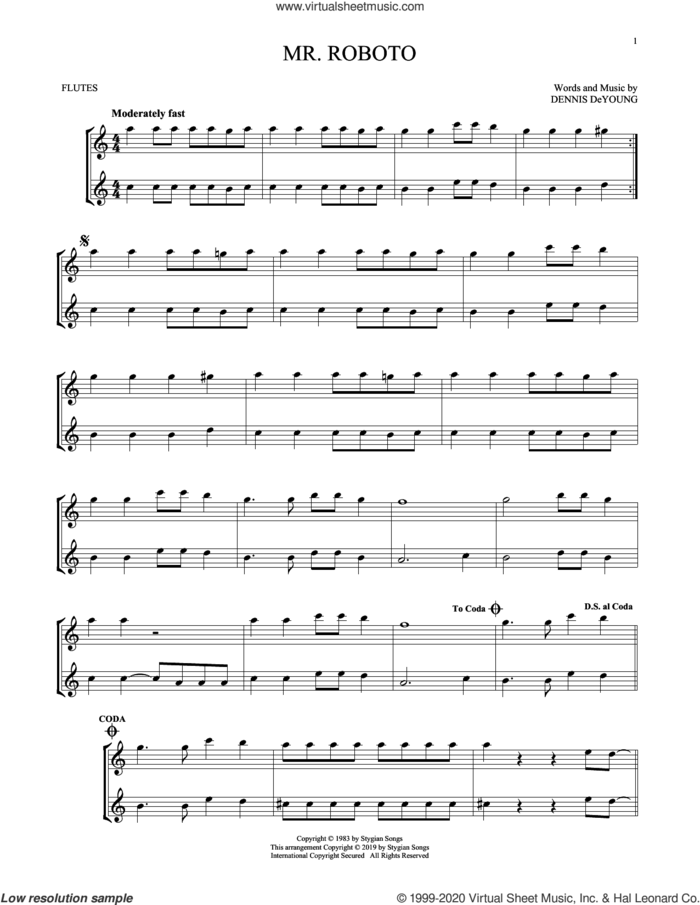 Mr. Roboto sheet music for two flutes (duets) by Styx and Dennis DeYoung, intermediate skill level