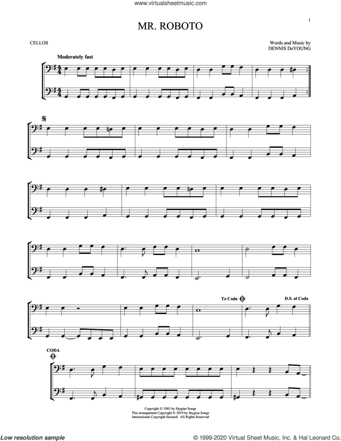 Mr. Roboto sheet music for two cellos (duet, duets) by Styx and Dennis DeYoung, intermediate skill level