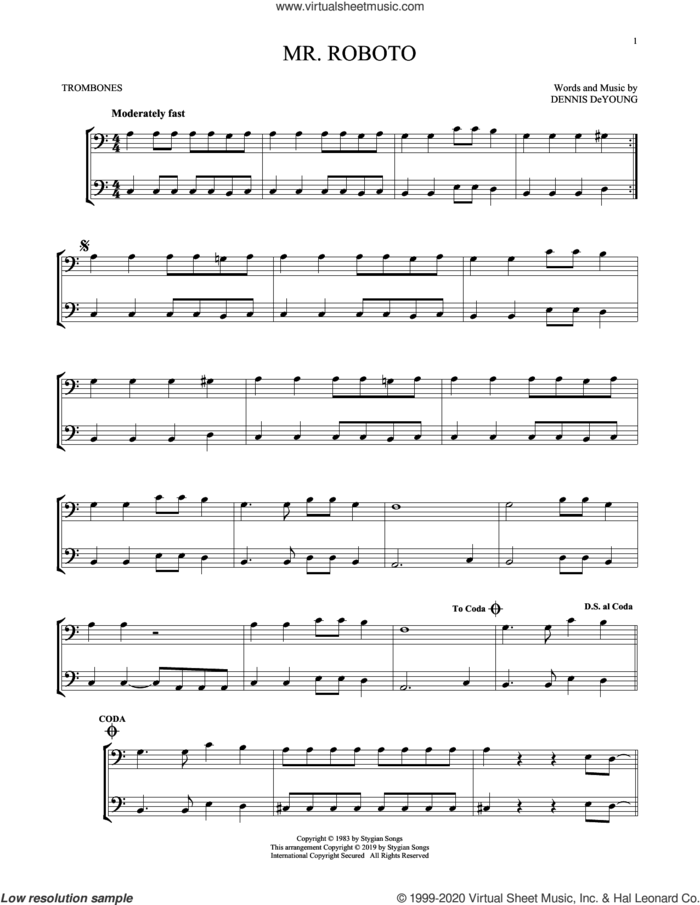 Mr. Roboto sheet music for two trombones (duet, duets) by Styx and Dennis DeYoung, intermediate skill level