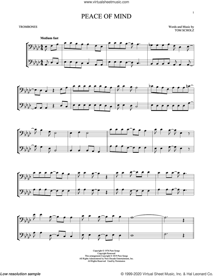 Peace Of Mind sheet music for two trombones (duet, duets) by Boston and Tom Scholz, intermediate skill level