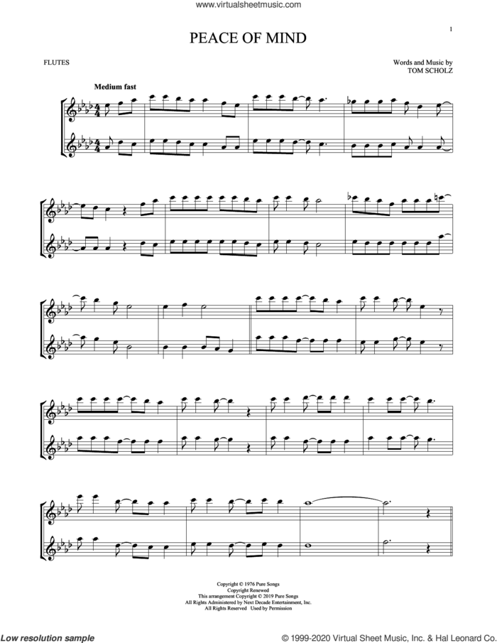 Peace Of Mind sheet music for two flutes (duets) by Boston and Tom Scholz, intermediate skill level
