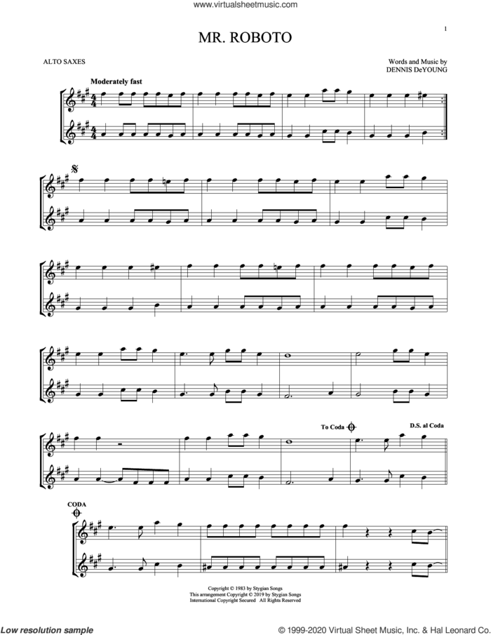 Mr. Roboto sheet music for two alto saxophones (duets) by Styx and Dennis DeYoung, intermediate skill level