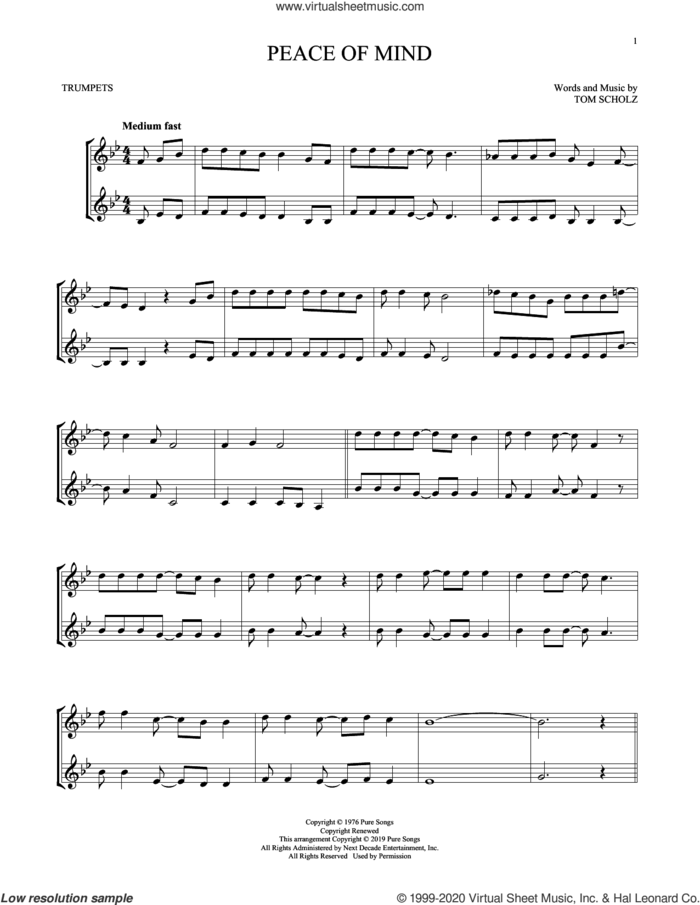 Peace Of Mind sheet music for two trumpets (duet, duets) by Boston and Tom Scholz, intermediate skill level