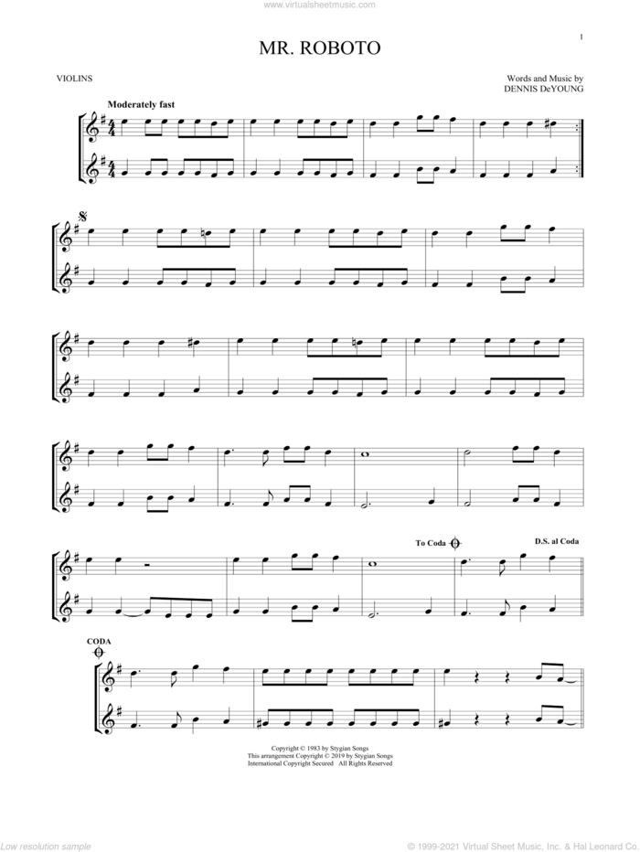 Mr. Roboto sheet music for two violins (duets, violin duets) by Styx and Dennis DeYoung, intermediate skill level