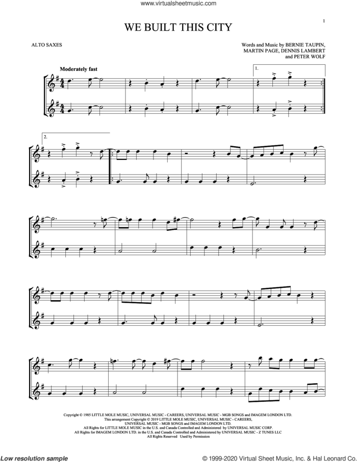 We Built This City sheet music for two alto saxophones (duets) by Starship, Bernie Taupin, Dennis Lambert, Martin George Page and Peter Wolf, intermediate skill level