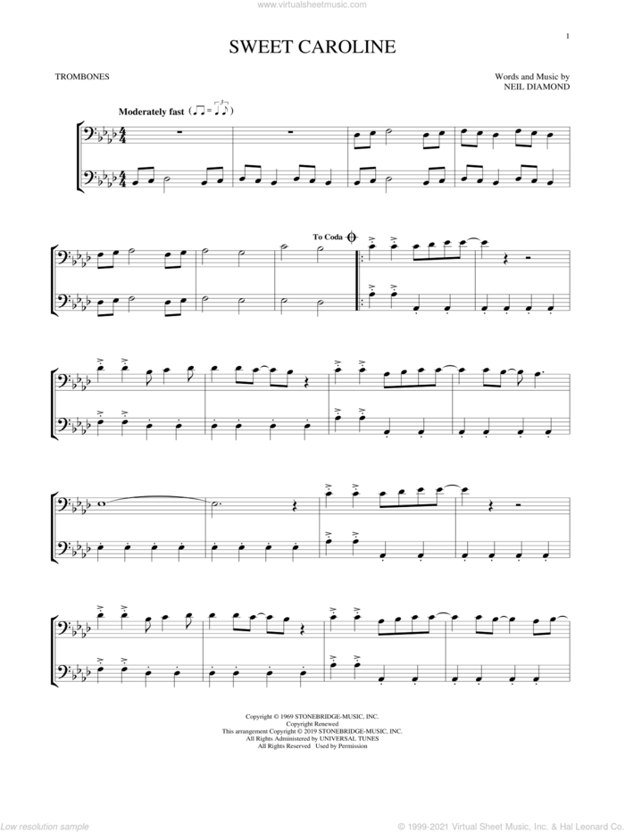 Sweet Caroline sheet music for two trombones (duet, duets) by Neil Diamond, intermediate skill level