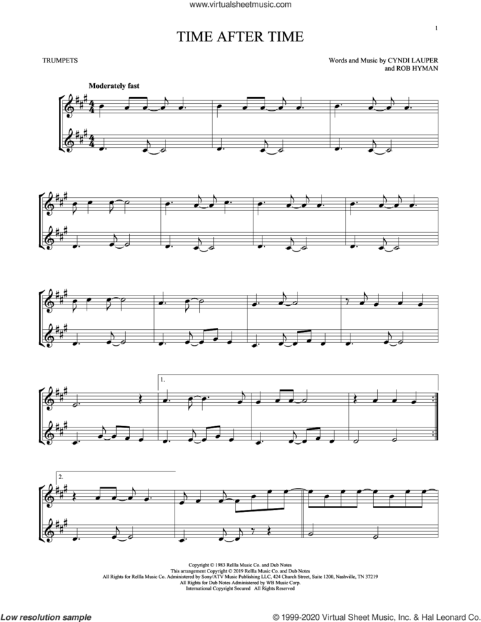 Time After Time sheet music for two trumpets (duet, duets) by Cyndi Lauper and Rob Hyman, intermediate skill level