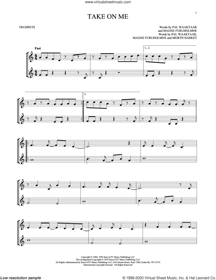 Take On Me sheet music for two trumpets (duet, duets) by a-ha, Magne Furuholmne, Morton Harket and Pal Waaktaar, intermediate skill level