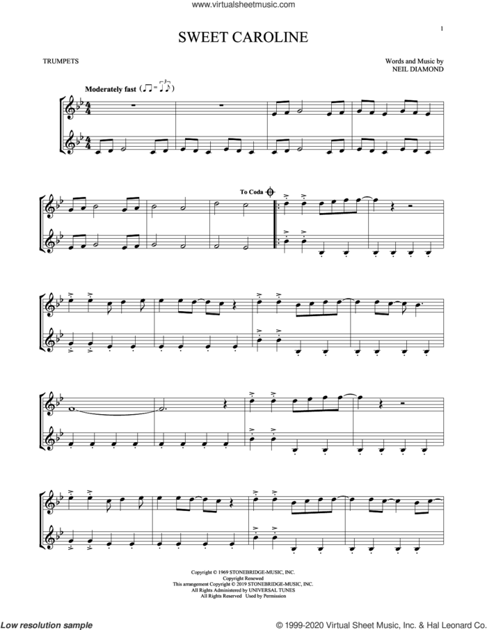 Sweet Caroline sheet music for two trumpets (duet, duets) by Neil Diamond, intermediate skill level