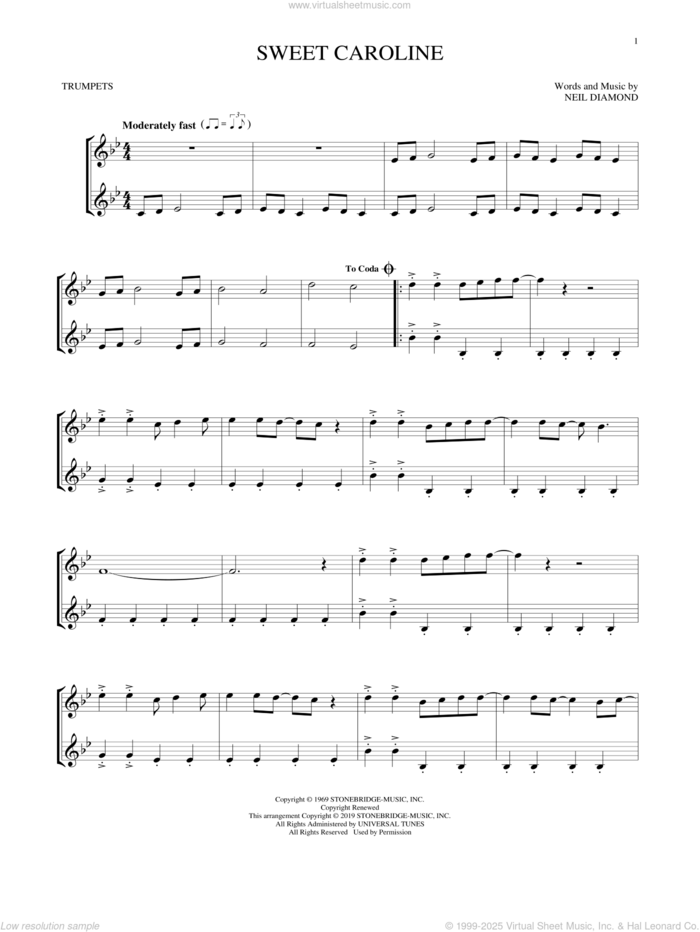 Sweet Caroline sheet music for two trumpets (duet, duets) by Neil Diamond, intermediate skill level