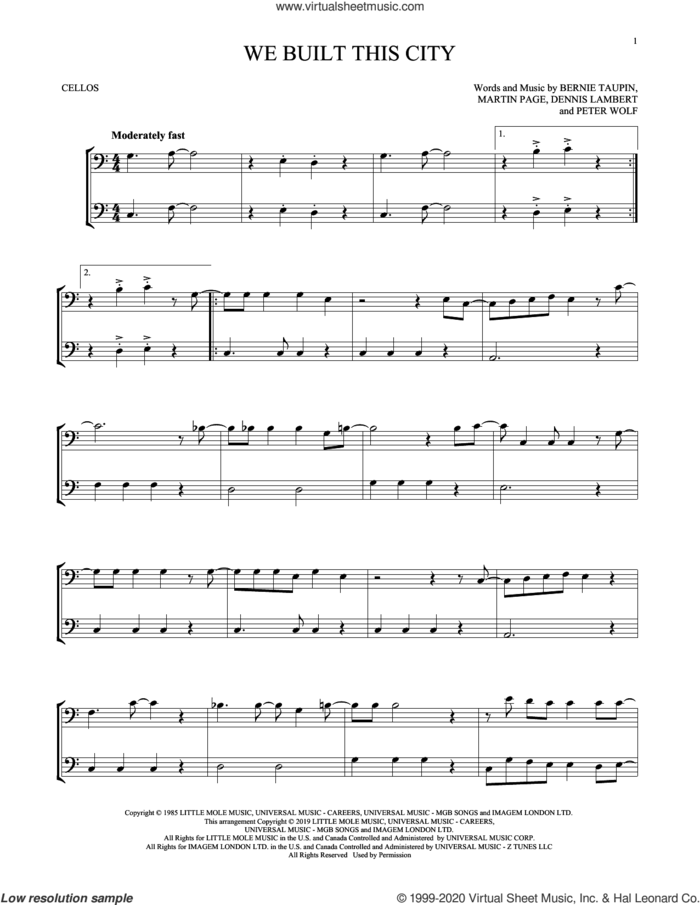 We Built This City sheet music for two cellos (duet, duets) by Starship, Bernie Taupin, Dennis Lambert, Martin George Page and Peter Wolf, intermediate skill level