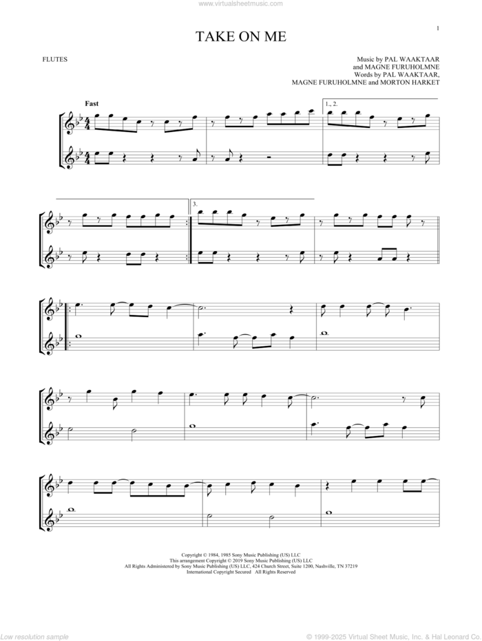 Take On Me sheet music for two flutes (duets) by a-ha, Magne Furuholmne, Morton Harket and Pal Waaktaar, intermediate skill level