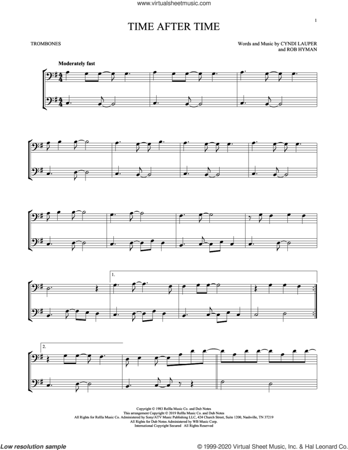 Time After Time sheet music for two trombones (duet, duets) by Cyndi Lauper and Rob Hyman, intermediate skill level