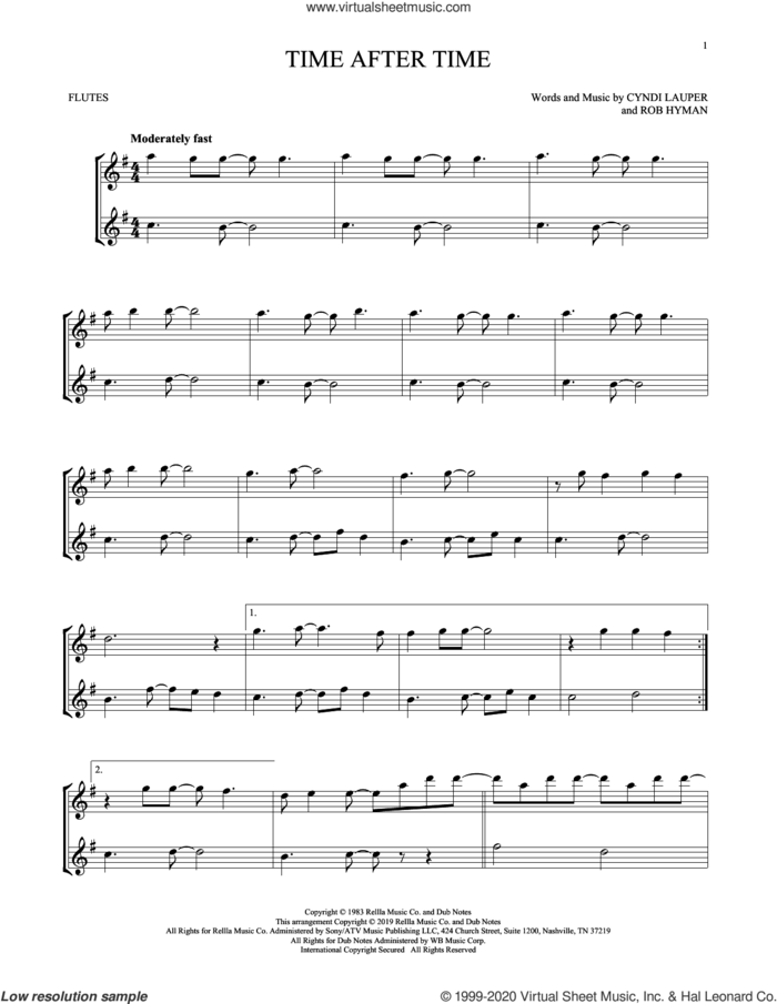 Time After Time sheet music for two flutes (duets) by Cyndi Lauper and Rob Hyman, intermediate skill level