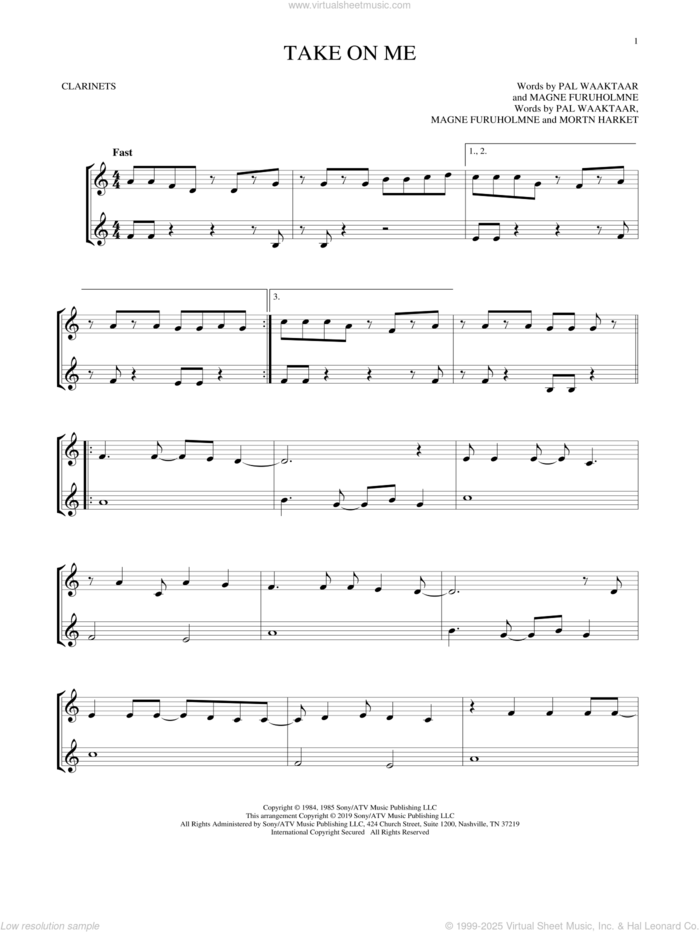 Take On Me sheet music for two clarinets (duets) by a-ha, Magne Furuholmne, Morton Harket and Pal Waaktaar, intermediate skill level