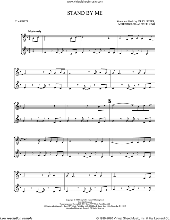 Stand By Me sheet music for two clarinets (duets) by Ben E. King, Jerry Leiber and Mike Stoller, intermediate skill level