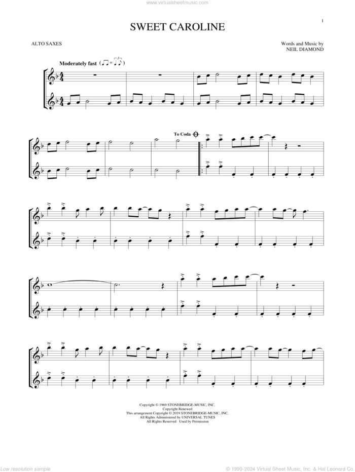 Sweet Caroline sheet music for two alto saxophones (duets) by Neil Diamond, intermediate skill level