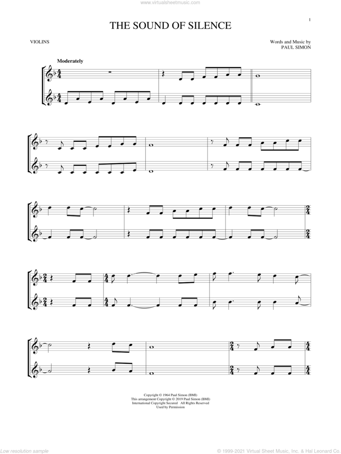 The Sound Of Silence sheet music for two violins (duets, violin duets) by Simon & Garfunkel and Paul Simon, intermediate skill level