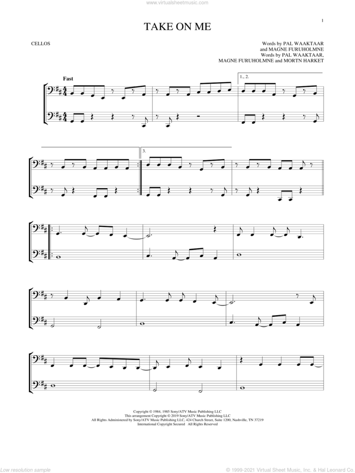 Take On Me sheet music for two cellos (duet, duets) by a-ha, Magne Furuholmne, Morton Harket and Pal Waaktaar, intermediate skill level