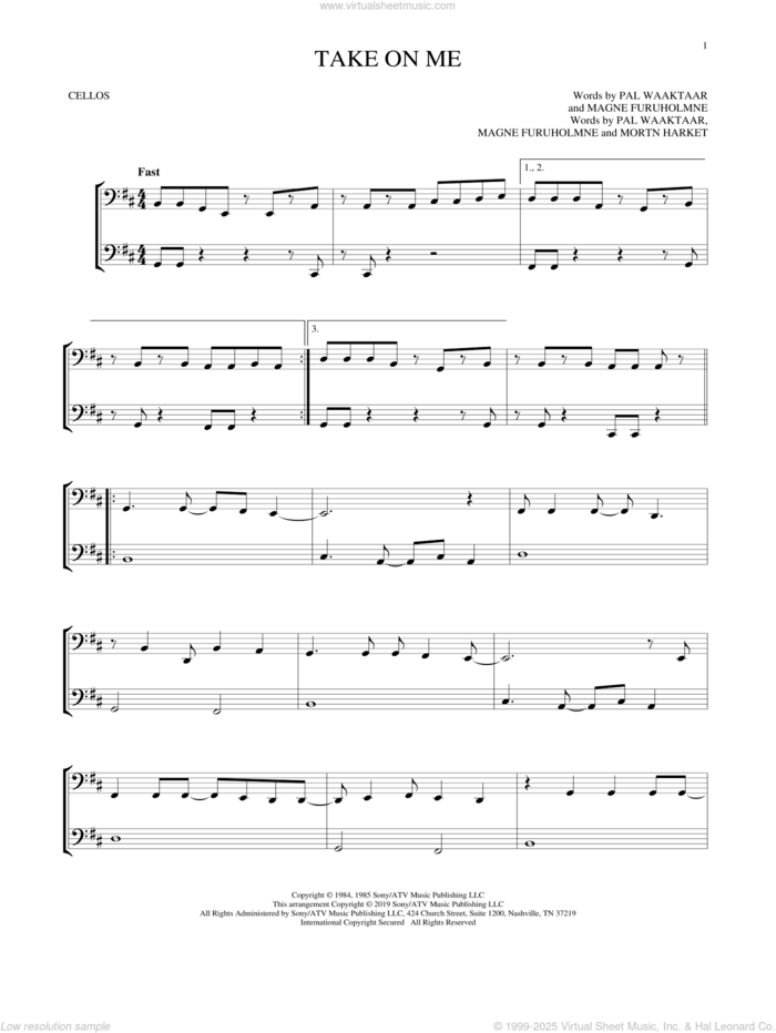 Take On Me sheet music for two cellos (duet, duets) by a-ha, Magne Furuholmne, Morton Harket and Pal Waaktaar, intermediate skill level