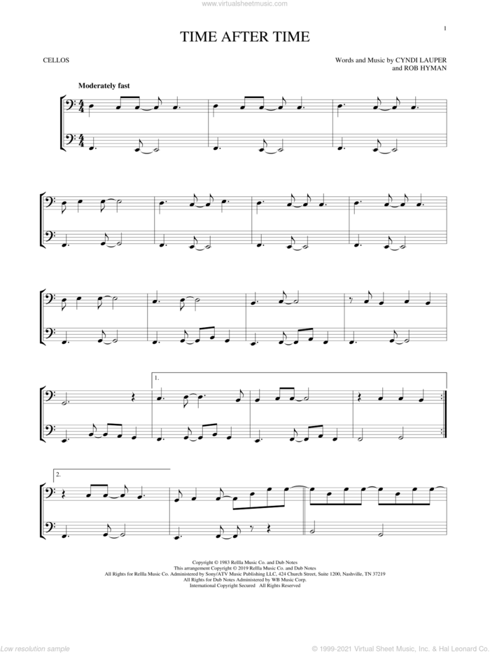 Time After Time sheet music for two cellos (duet, duets) by Cyndi Lauper and Rob Hyman, intermediate skill level