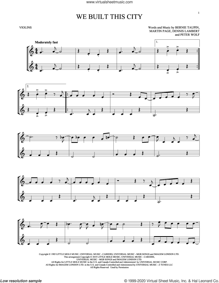 We Built This City sheet music for two violins (duets, violin duets) by Starship, Bernie Taupin, Dennis Lambert, Martin George Page and Peter Wolf, intermediate skill level