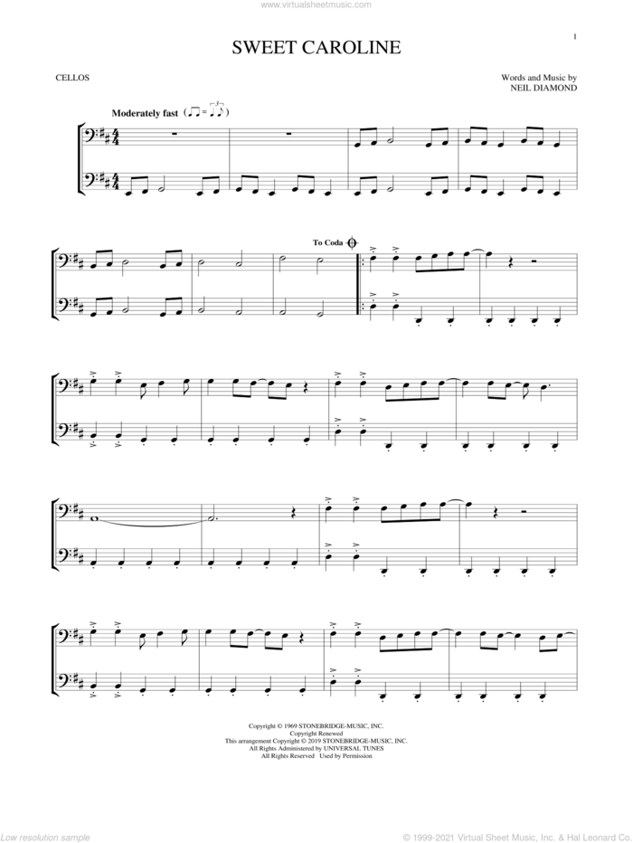 Sweet Caroline sheet music for two cellos (duet, duets) by Neil Diamond, intermediate skill level