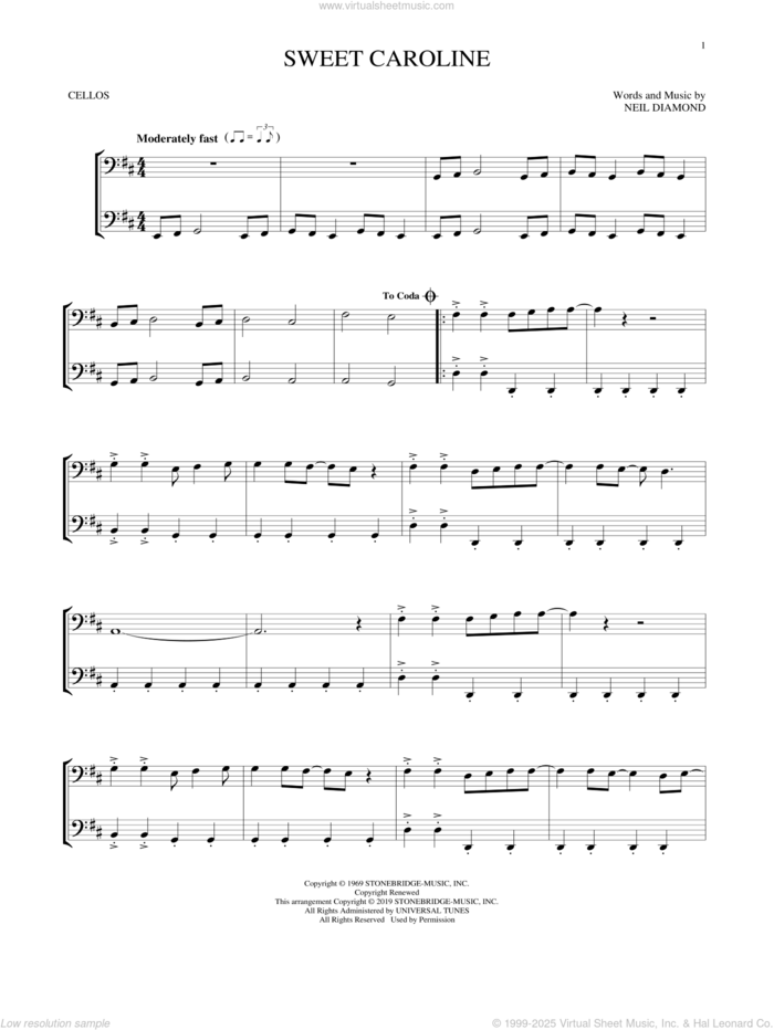 Sweet Caroline sheet music for two cellos (duet, duets) by Neil Diamond, intermediate skill level