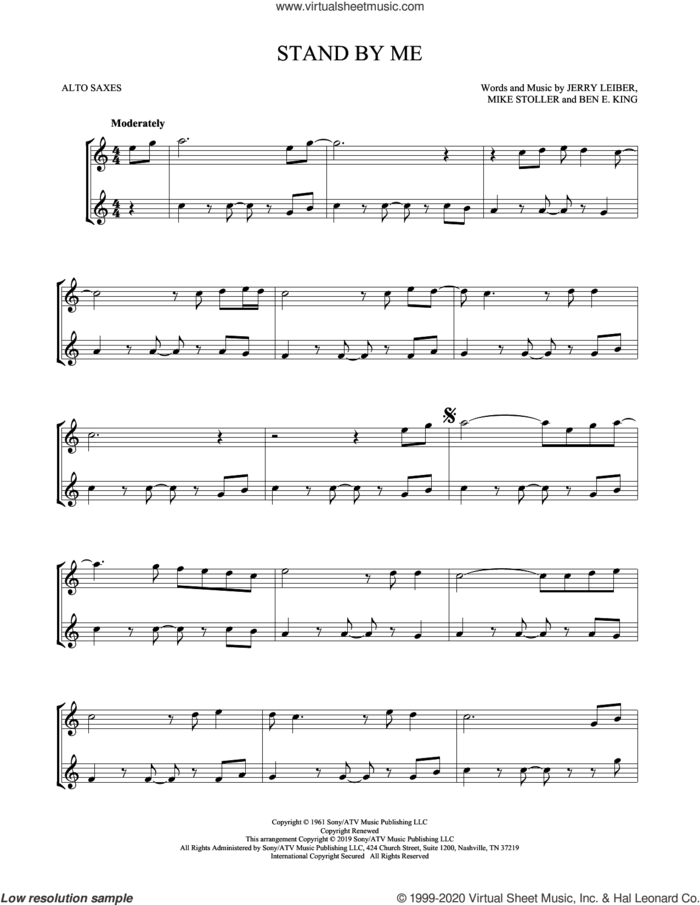 Stand By Me sheet music for two alto saxophones (duets) by Ben E. King, Jerry Leiber and Mike Stoller, intermediate skill level