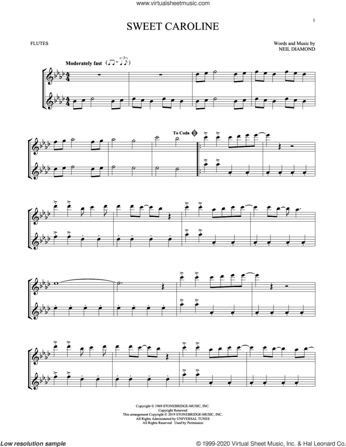 Sweet Caroline sheet music for two flutes (duets) by Neil Diamond, intermediate skill level